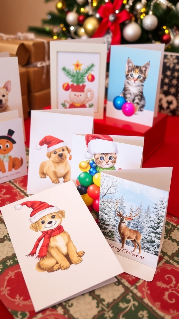 A display of animal-themed Christmas cards featuring a puppy, kitten, and deer, set against a festive backdrop.